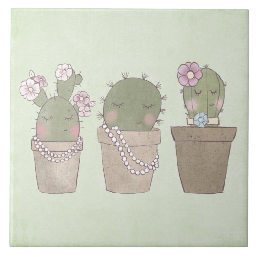 Lächelndes Cactus Trio Watercolor-Design Fliese (Vorderseite)