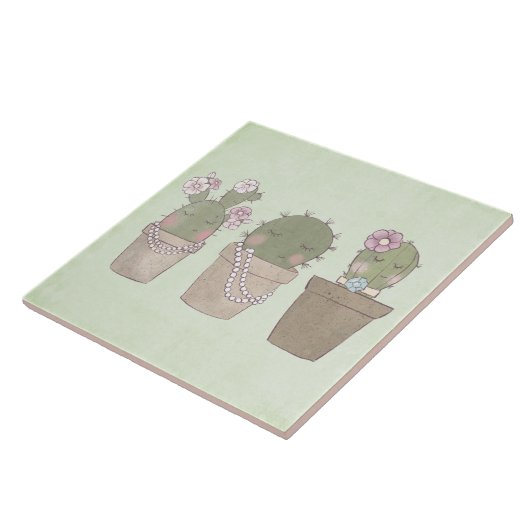 Lächelndes Cactus Trio Watercolor-Design Fliese (Seite)