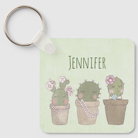 Lächelndes Cactus Trio Watercolor-Design Schlüsselanhänger (Vorderseite)