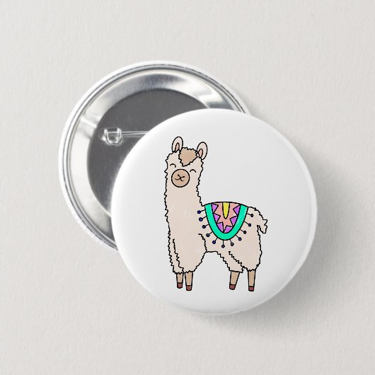 Lächelndes glückliches Alpaka-Cartoon zeichnend Ti Button (Vorne & Hinten)