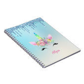 Lächelndes Horn von Einhorn und Augenlider mit Blu Notizblock (Rechte Seite)