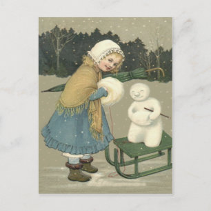 Lächelndes Mädchen Schneemann Schlitten Schnee Wal Postkarte