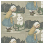 Lächelndes Mädchen Schneemann Schlitten Schnee Wal Stoff (Nahaufnahme)