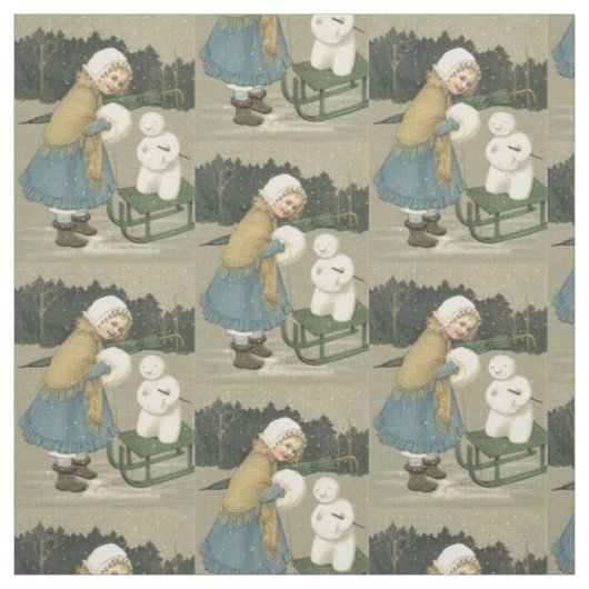 Lächelndes Mädchen Schneemann Schlitten Schnee Wal Stoff (Muster)
