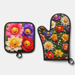 Lächelndes Miauen skurriler glücklicher Blumenback Ofenhandschuh & Topflappen-Set