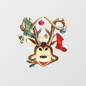 Lächelndes Rentier mit Weihnachtsgeschmack dekorie Fensteraufkleber (Blatt)