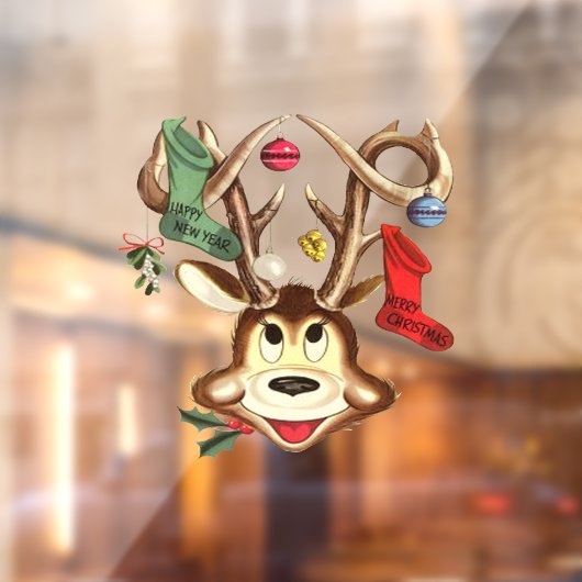Lächelndes Rentier mit Weihnachtsgeschmack dekorie Fensteraufkleber (Blatt 2)