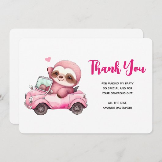 Lächelndes rosa Faultier, das ein Cabrio antreibt Dankeskarte (Vorne/Hinten)