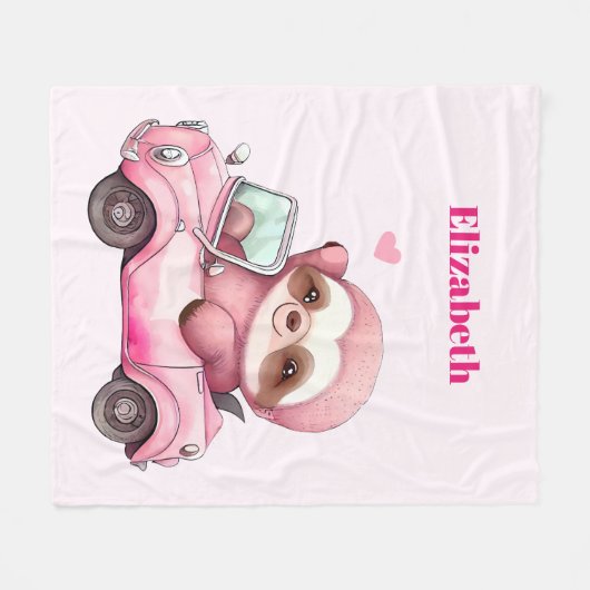 Lächelndes rosa Faultier, das ein Cabrio antreibt Fleecedecke (Vorderseite (Horizontal))