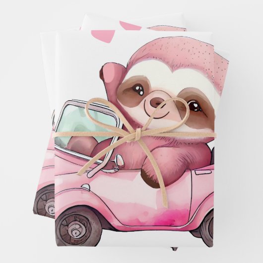 Lächelndes rosa Faultier, das ein Cabrio antreibt Geschenkpapier Set (Beispiel)