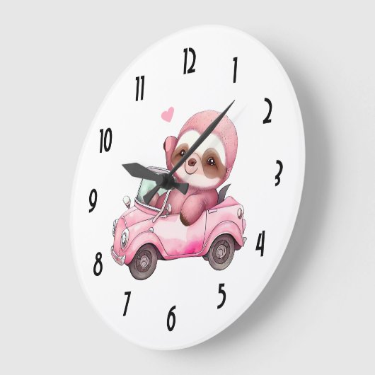 Lächelndes rosa Faultier, das ein Cabrio antreibt Große Wanduhr (Winkel)