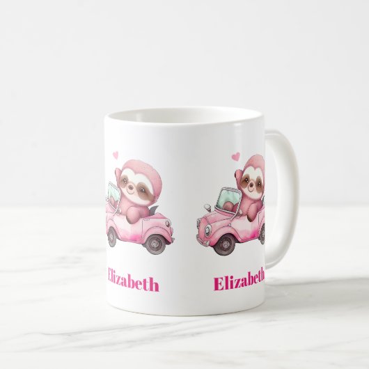 Lächelndes rosa Faultier, das ein Cabrio antreibt Kaffeetasse (VorderseiteRechts)