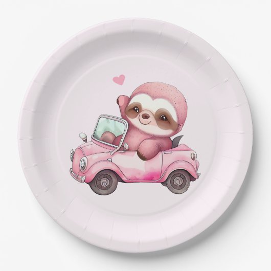 Lächelndes rosa Faultier, das ein Cabrio antreibt Pappteller (Vorderseite)