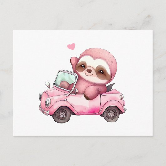 Lächelndes rosa Faultier, das ein Cabrio antreibt Postkarte (Vorderseite)