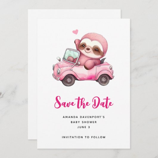 Lächelndes rosa Faultier, das ein Cabrio antreibt Save The Date (Vorne/Hinten)