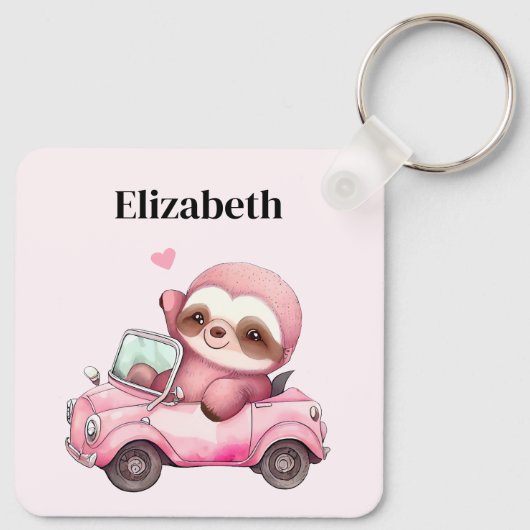 Lächelndes rosa Faultier, das ein Cabrio antreibt Schlüsselanhänger (Rückseite)