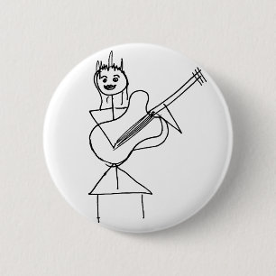 Lächelndes Strichmännchen-Mädchen, das Baß/Gitarre Button
