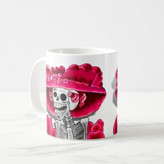 Lachen Skeleton Frau in Red Bonnet Kaffeetasse (Vorderseite Links)