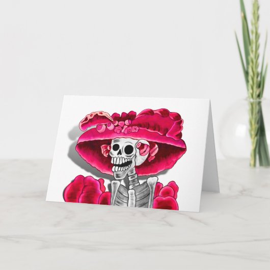 Lachen Skeleton Frau in Red Bonnet Karte (Vorderseite)
