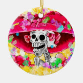 Lachen Skeleton Frau in Red Bonnet Keramik Ornament (Vorne)