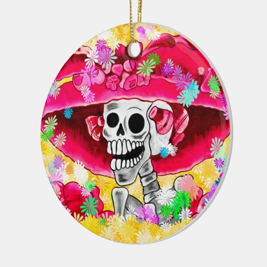 Lachen Skeleton Frau in Red Bonnet Keramik Ornament (Links)
