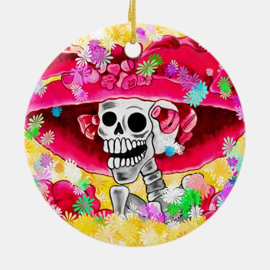 Lachen Skeleton Frau in Red Bonnet Keramik Ornament (Hinten)