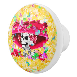 Lachen Skeleton Frau in Red Bonnet Keramikknauf