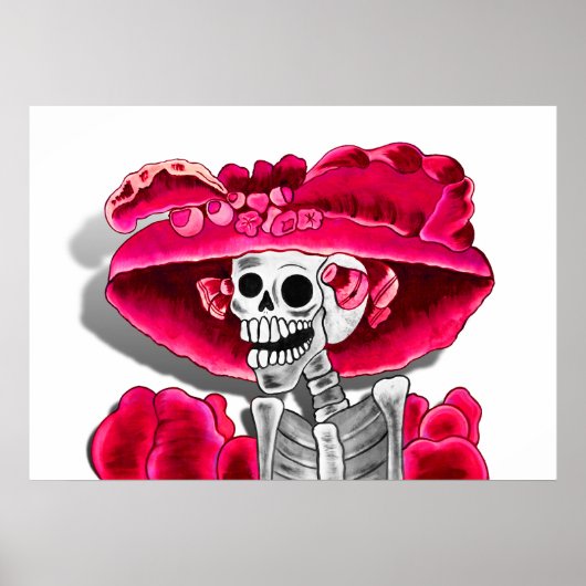Lachen Skeleton Frau in Red Bonnet Poster (Vorne)