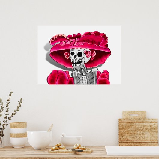 Lachen Skeleton Frau in Red Bonnet Poster (Küche)