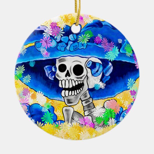 Lachend Skeleton Frau in Blue Bonnet auf Gelb Keramik Ornament (Vorne)
