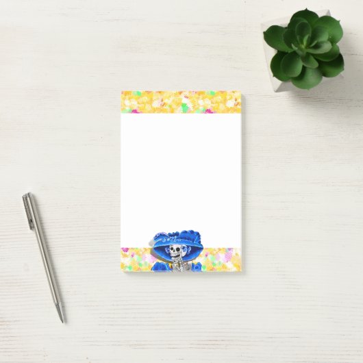 Lachend Skeleton Frau in Blue Bonnet auf Gelb Post-it Klebezettel (Büro)