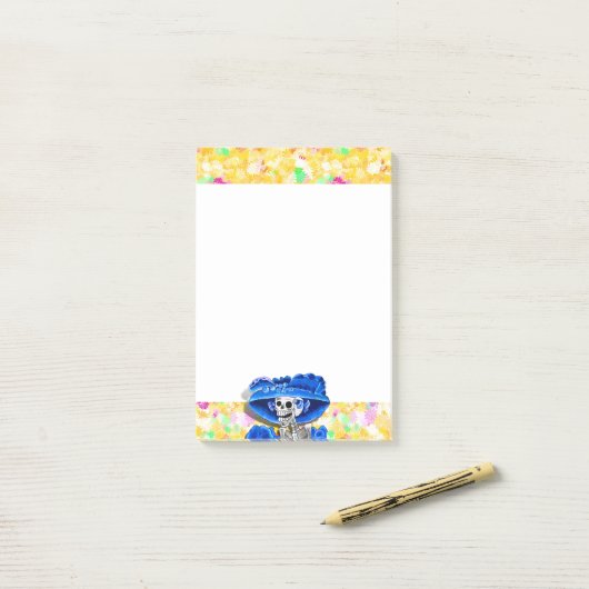 Lachend Skeleton Frau in Blue Bonnet auf Gelb Post-it Klebezettel (Auf Schreibtisch)