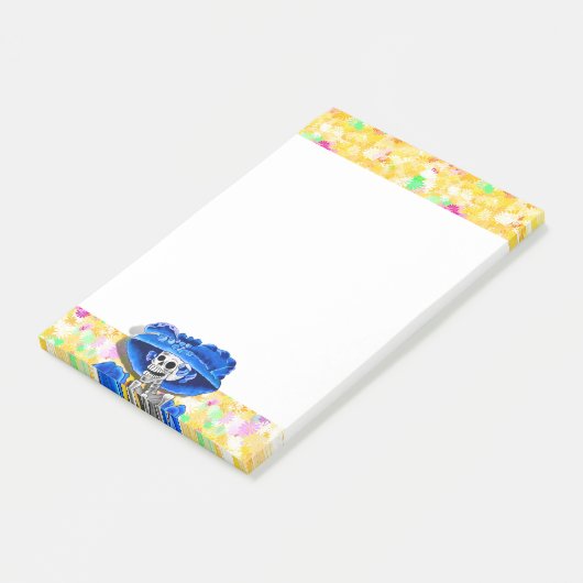 Lachend Skeleton Frau in Blue Bonnet auf Gelb Post-it Klebezettel (angewinkelt)