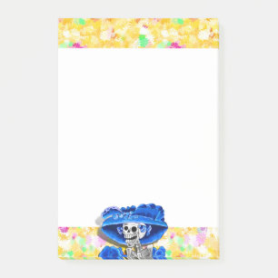 Lachend Skeleton Frau in Blue Bonnet auf Gelb Post-it Klebezettel