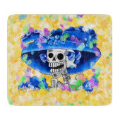 Lachend Skeleton Frau in Blue Bonnet auf Gelb Schneidebrett (Vorderseite)