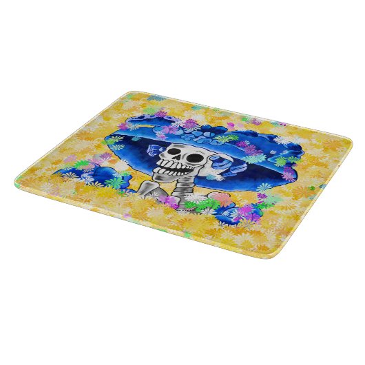 Lachend Skeleton Frau in Blue Bonnet auf Gelb Schneidebrett (Ecke)