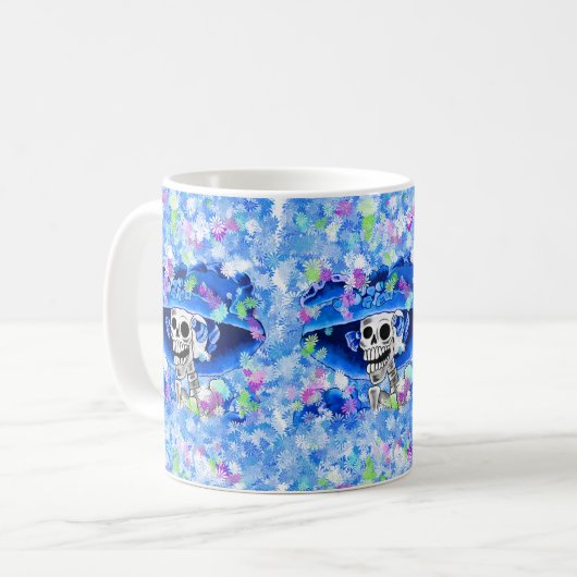 Lachend Skeleton Frau in Blue Bonnet Kaffeetasse (Vorderseite Links)