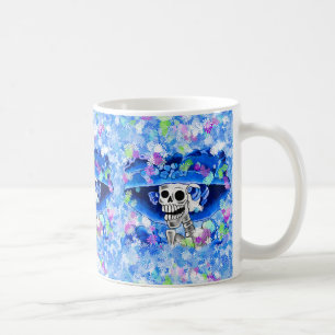 Lachend Skeleton Frau in Blue Bonnet Kaffeetasse