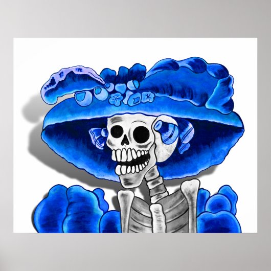 Lachend Skeleton Frau in Blue Bonnet Poster (Vorne)