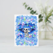 Lachend Skeleton Frau in Blue Bonnet Postkarte (Stehend Vorderseite)