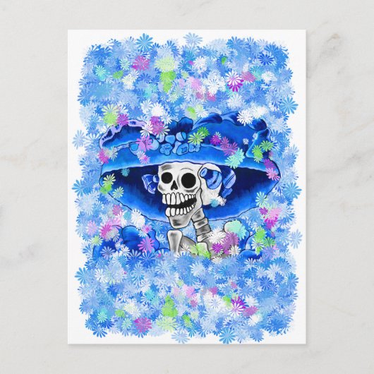 Lachend Skeleton Frau in Blue Bonnet Postkarte (Vorderseite)