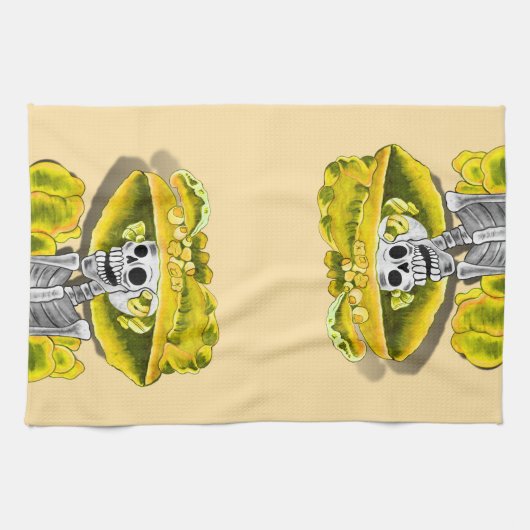 Lachend Skeleton-Frau in Gelb Geschirrtuch (Horizontal)