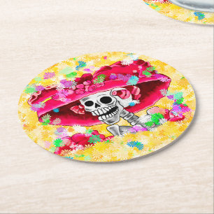 Lachende Skelettfrau Dia De Los Muertos Runder Pappuntersetzer