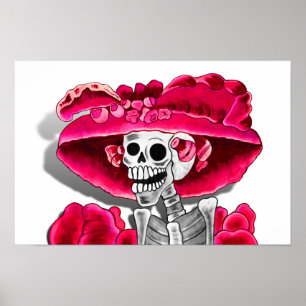 Lachende Skelettfrau mit roter Mütze Poster