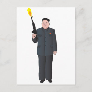 Lachender Kim Jong-un, der eine Waffe in die Luft Postkarte