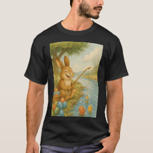 lachender Osterhase fischt nach farbenfrohen Oster T-Shirt