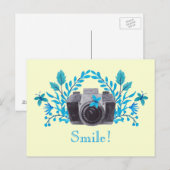 Lächle! Kamera mit blauen Blätter und Schmetterlin Postkarte (Vorne/Hinten)