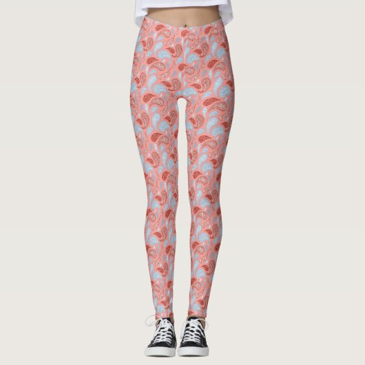 Lachs-Blau-Paisley-Muster Leggings (Vorderseite)