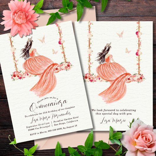 Lachs Floral Watercolor Quinceañera Einladung