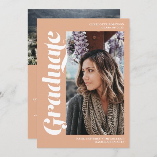 Lachs-Graduiertenskript 3 Foto Abschluss Einladung (Vorne/Hinten)